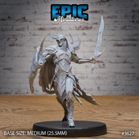 Unpainted grey resin Frost Demon Knight miniature by Epic Miniatures, front view — horned frost-scale armour, open visor revealing a grinning face, serrated blade extended in one hand and hooked talon raised in the other, dynamic attacking pose on a 25.5mm round black base