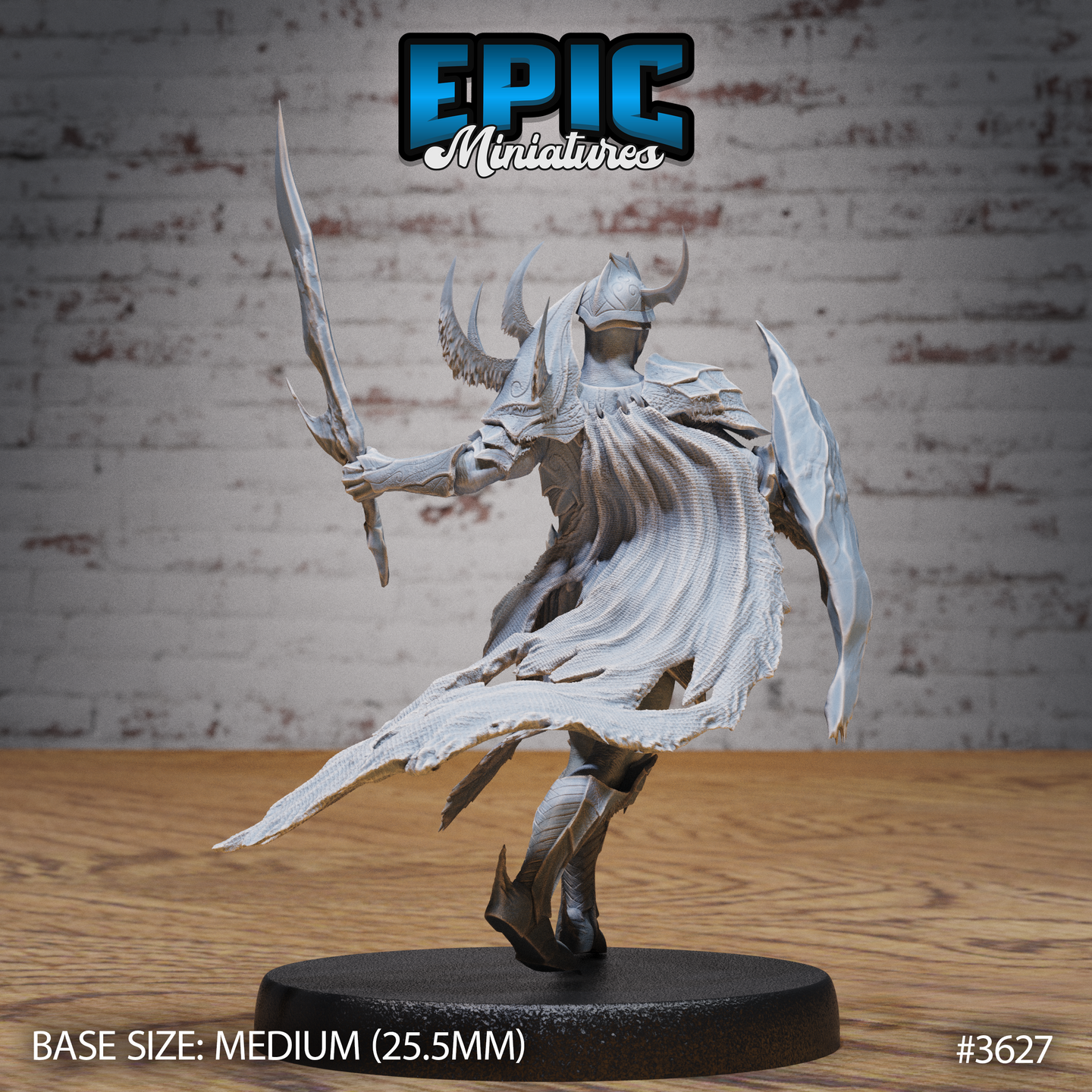 Unpainted grey resin Frost Demon Knight miniature by Epic Miniatures, rear three-quarter view — alternative sculpt with lowered visor, long serrated sword raised in guard, broad frost-fragment flanges fanning out behind, sweeping jagged-edged cloak, on a 25.5mm round black base