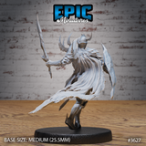 Unpainted grey resin Frost Demon Knight miniature by Epic Miniatures, rear three-quarter view — alternative sculpt with lowered visor, long serrated sword raised in guard, broad frost-fragment flanges fanning out behind, sweeping jagged-edged cloak, on a 25.5mm round black base