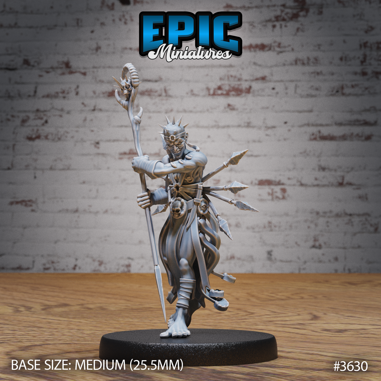 Front view of an unpainted grey resin Old Heretic miniature by Epic Miniatures — a gaunt bare-footed male figure in tattered robes, striding forward with a skull-topped staff raised in one hand and a bundle of spears and javelins in the other, skulls and trophies hanging from his belt, a spiked crown on his head, on a medium 25.5mm round black base