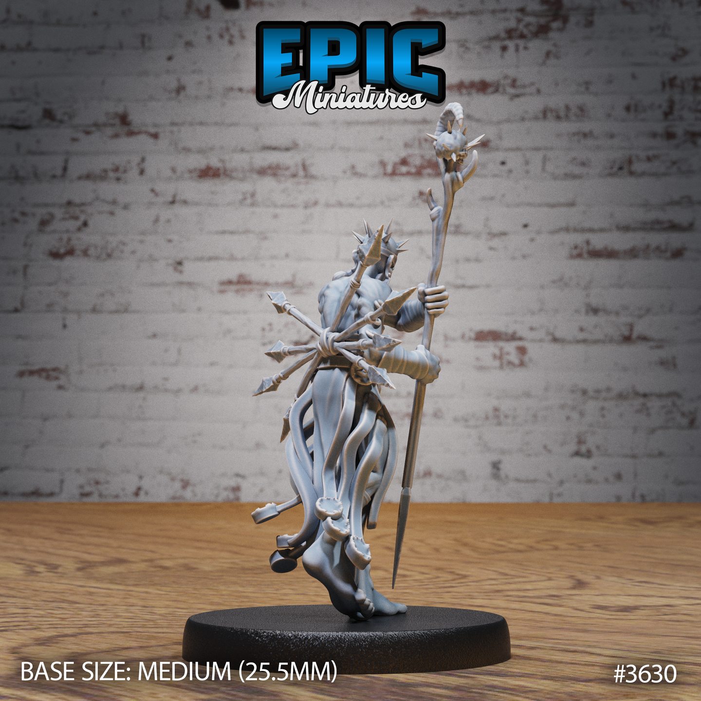 Rear three-quarter view of the unpainted grey resin Old Heretic miniature by Epic Miniatures, showing the flowing tattered robes, the back of the skull-topped staff, bundled spear hafts, and detailed wrap bindings on the forearms, on a medium 25.5mm round black base