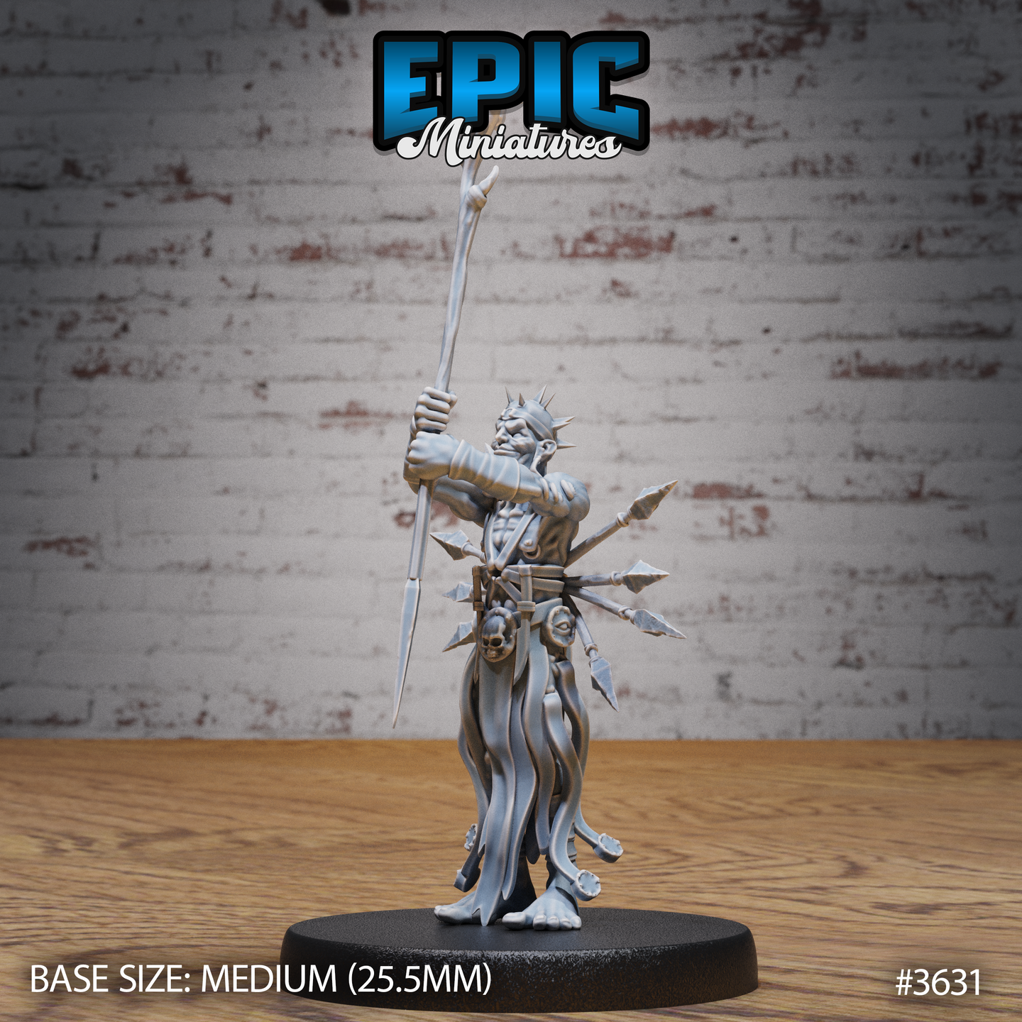 Front view of an unpainted grey resin 32mm miniature of a gaunt shirtless heretic with bone spikes on his skull, raising a long bone staff overhead with one arm while javelins, bones, and a skull trophy are strapped to his waist — mounted on a medium 25.5mm black base