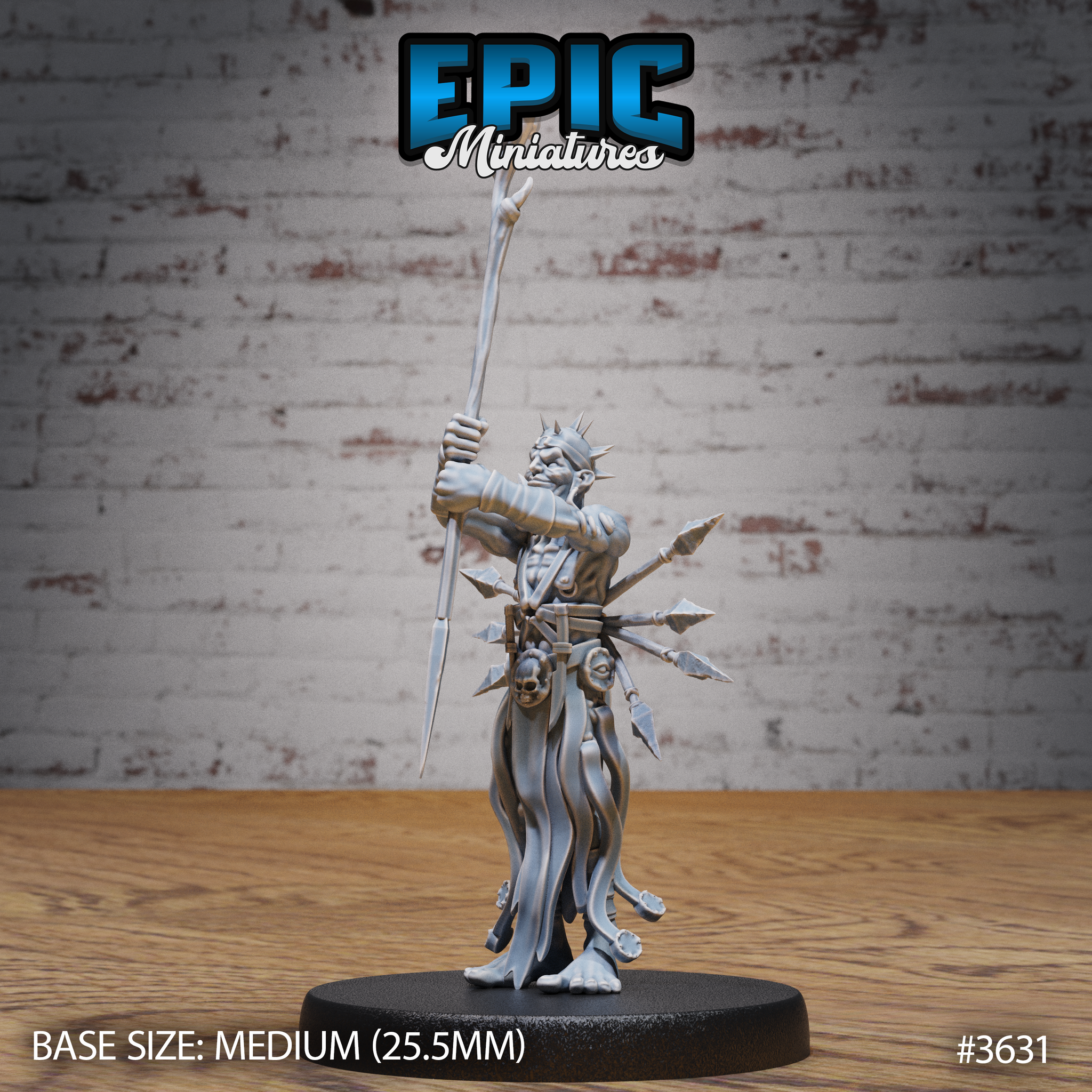 Front view of an unpainted grey resin 32mm miniature of a gaunt shirtless heretic with bone spikes on his skull, raising a long bone staff overhead with one arm while javelins, bones, and a skull trophy are strapped to his waist — mounted on a medium 25.5mm black base