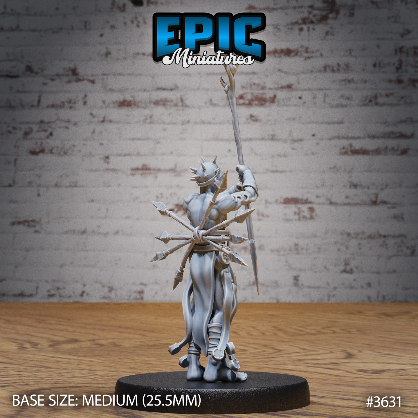 Rear three-quarter view of the same unpainted grey resin heretic miniature showing the bundled javelins and bone weapons at his hip, ragged trailing robes, wrapped arm bindings, and spiked skull crown — Epic Miniatures sculpt #3631 on a medium black base