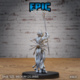 Rear three-quarter view of the same unpainted grey resin heretic miniature showing the bundled javelins and bone weapons at his hip, ragged trailing robes, wrapped arm bindings, and spiked skull crown — Epic Miniatures sculpt #3631 on a medium black base