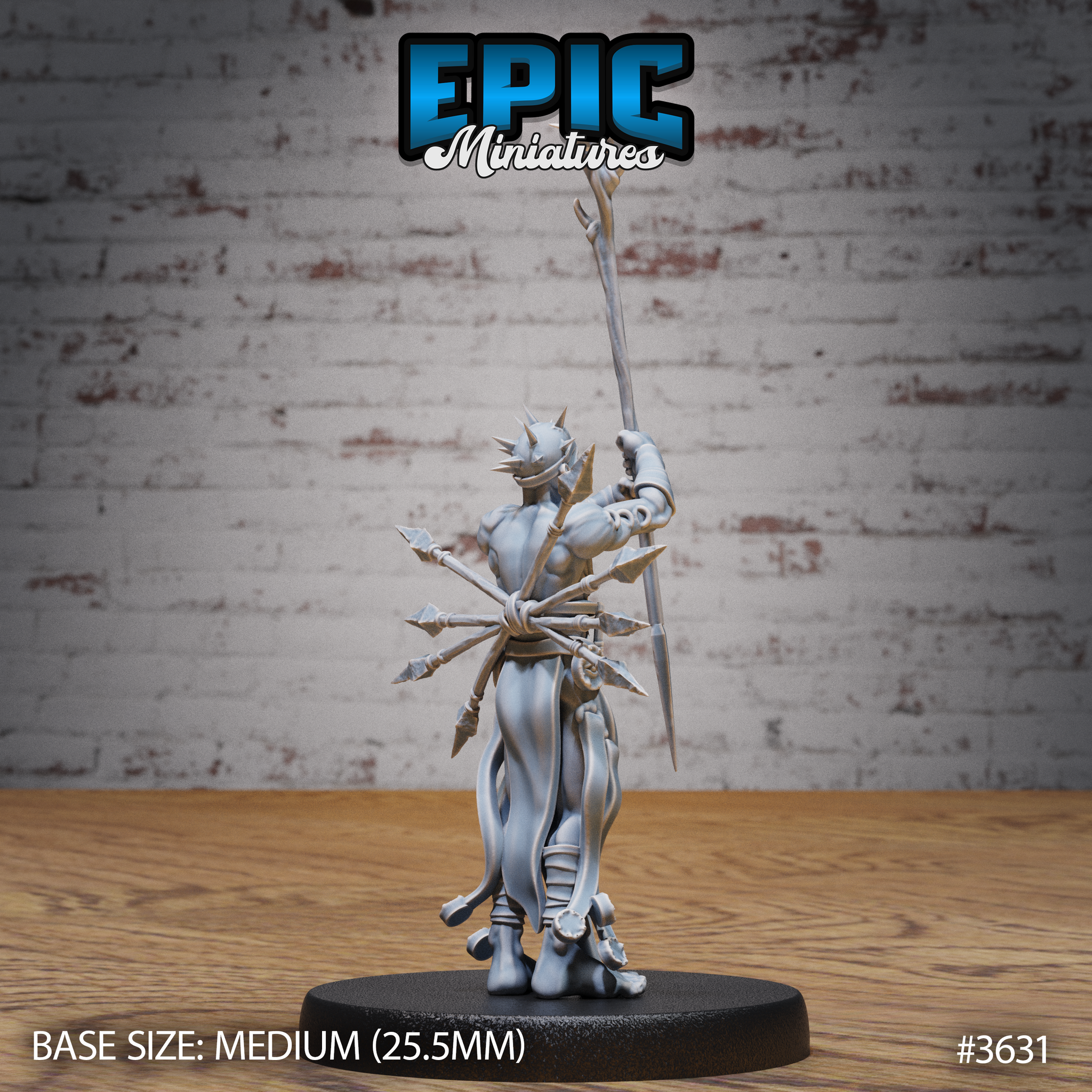 Rear three-quarter view of the same unpainted grey resin heretic miniature showing the bundled javelins and bone weapons at his hip, ragged trailing robes, wrapped arm bindings, and spiked skull crown — Epic Miniatures sculpt #3631 on a medium black base