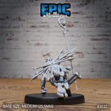 Rear view of the Old Heretic Crawling unpainted grey resin miniature by Epic Miniatures, showing the dense cluster of bone spines erupting from the figure's back and sides, the intricate detail of the bone staff held aloft, and the sculpted musculature of the crouching pose, on a medium 25.5mm round base