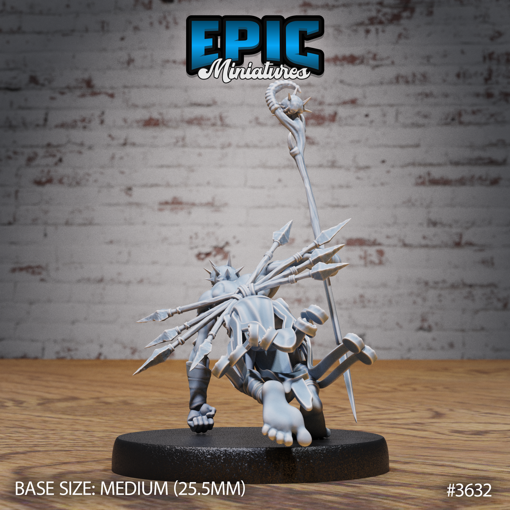 Rear view of the Old Heretic Crawling unpainted grey resin miniature by Epic Miniatures, showing the dense cluster of bone spines erupting from the figure's back and sides, the intricate detail of the bone staff held aloft, and the sculpted musculature of the crouching pose, on a medium 25.5mm round base