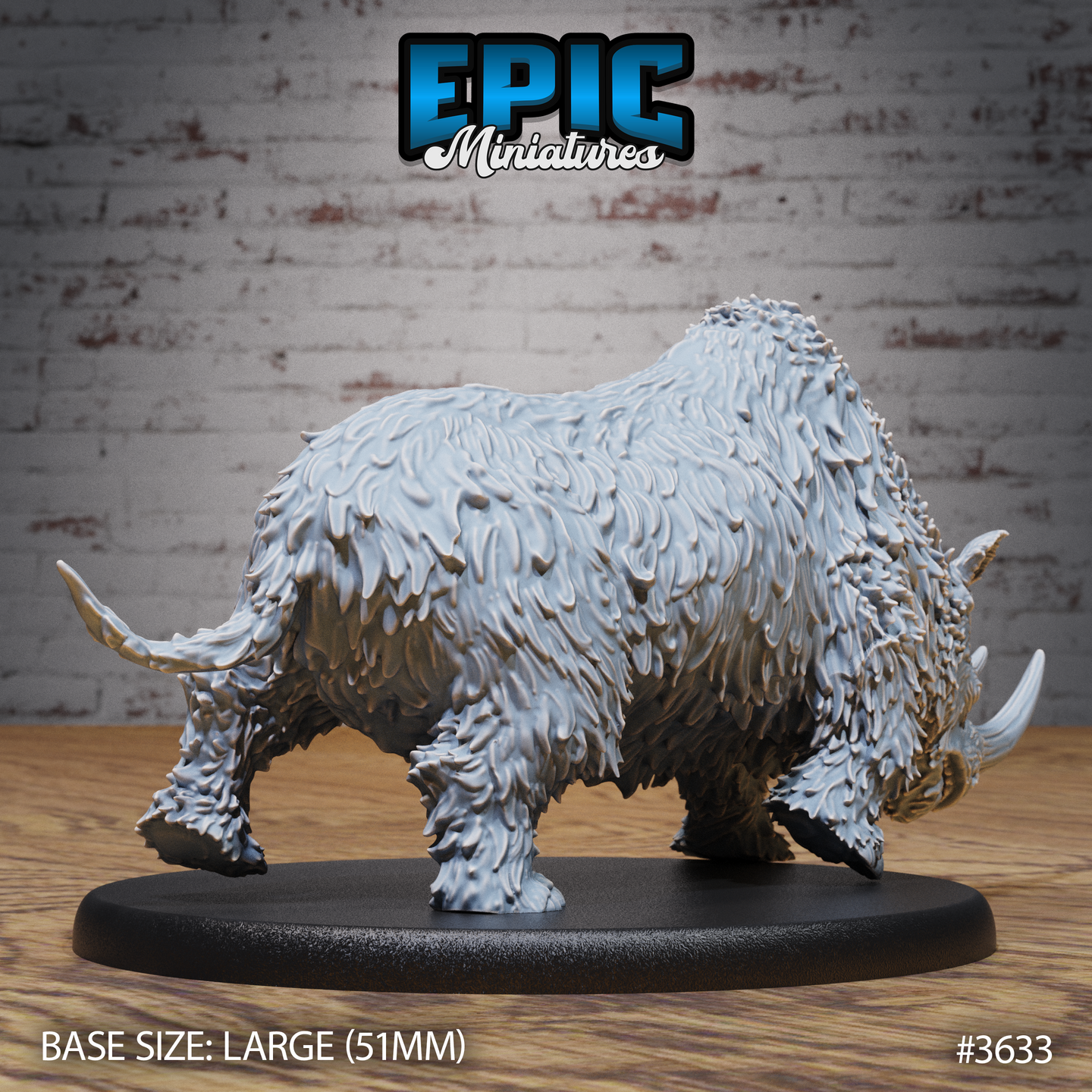 Unpainted grey resin woolly rhinoceros miniature, side profile view, showing full body shaggy coat detail, muscular hump, and second curved horn visible on a 51mm large oval black base