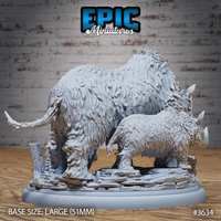 Unpainted grey resin woolly rhino family miniature, rear three-quarter view showing the adult and calf side by side on a cracked stone scenic base, highlighting the layered fur texture across both figures — by Epic Miniatures