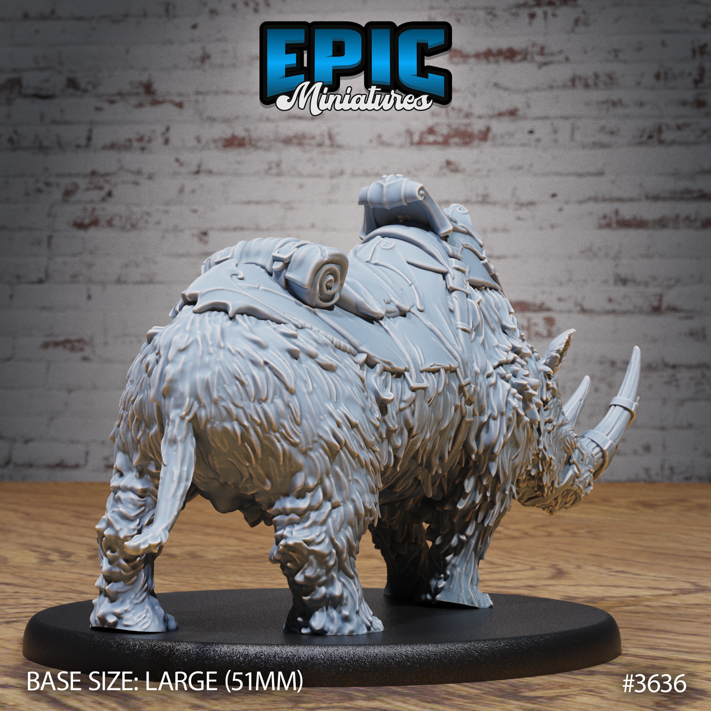 Rear three-quarter view of the unpainted grey resin woolly rhino miniature on a 51mm oval base, showing the full expanse of shaggy fur across the haunches, rolled bedroll secured behind the saddle, and the secondary horn visible at front right