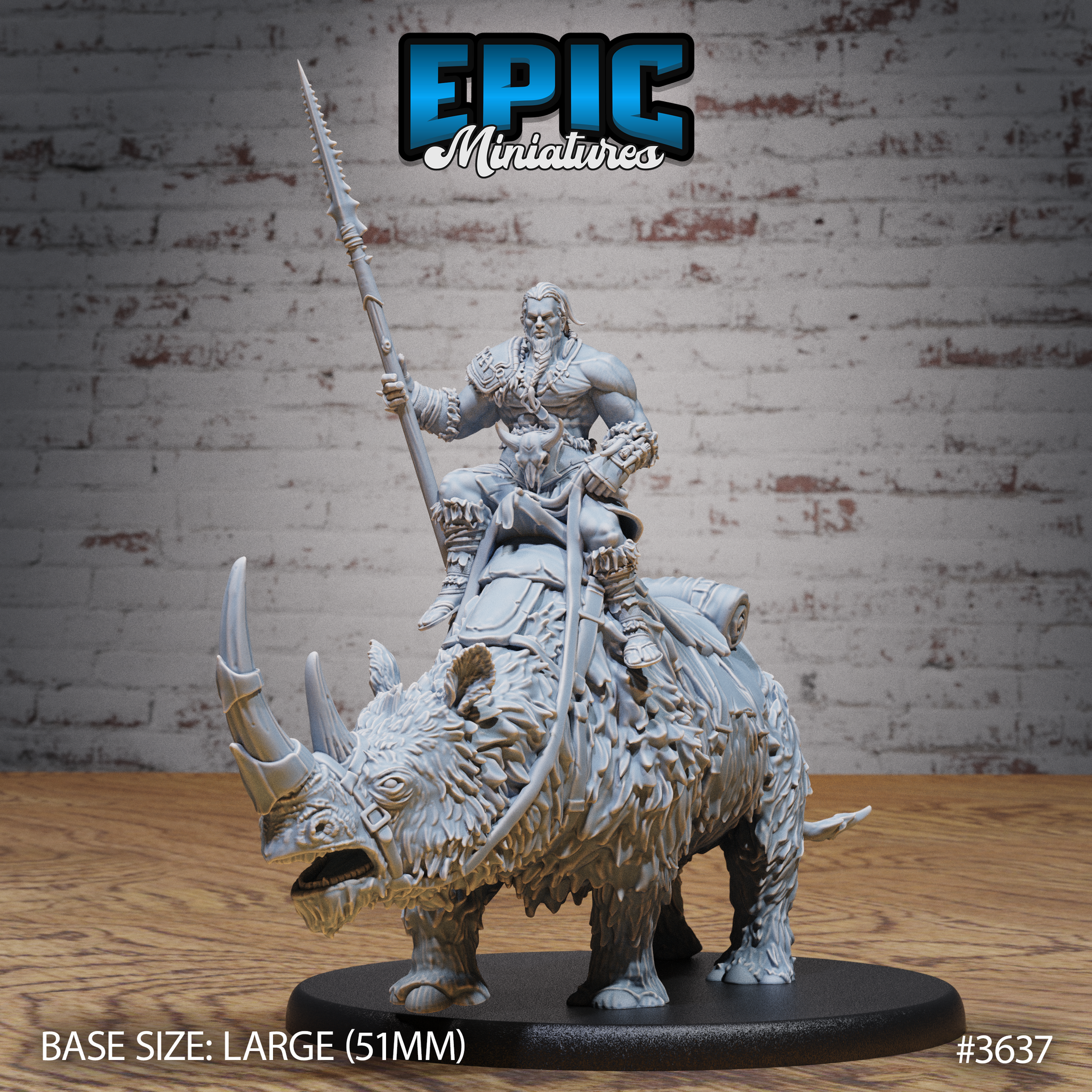 Front view of an unpainted grey resin miniature showing a muscular bare-chested tribal warrior with long hair riding a shaggy armoured woolly rhinoceros; the rider holds a serrated lance aloft in his right hand, wears layered hide armour with trophy charms, and sits on a 51mm base — an Epic Miniatures sculpt by Mitz and Simz