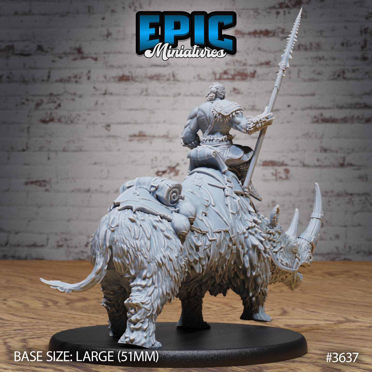 Rear three-quarter view of the same unpainted grey resin barbarian rider miniature, showing the woolly rhinoceros's densely furred haunches, campaign saddlebags strapped behind the rider, the rider's braided detail and lance, and twin curved horns on the armoured bridle — 51mm base, Epic Miniatures sculpt