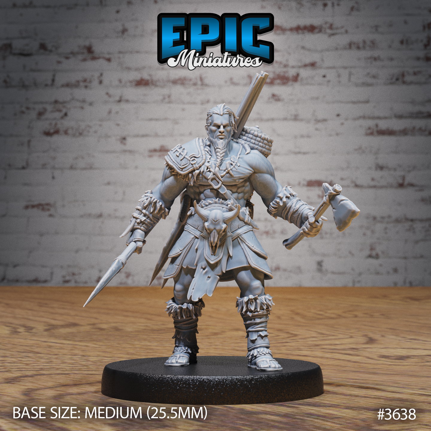 Front view of an unpainted grey resin 32mm tribal barbarian miniature by Epic Miniatures — a broad-shouldered male warrior in layered hide armour with a bull skull buckle, holding a hand axe in his right hand and a short spear in his left, with a large wicker pack strapped to his back, mounted on a medium 25.5mm black round base