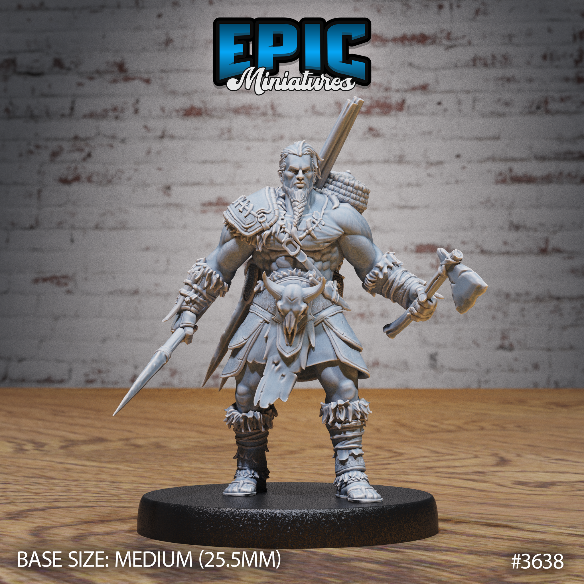 Front view of an unpainted grey resin 32mm tribal barbarian miniature by Epic Miniatures — a broad-shouldered male warrior in layered hide armour with a bull skull buckle, holding a hand axe in his right hand and a short spear in his left, with a large wicker pack strapped to his back, mounted on a medium 25.5mm black round base
