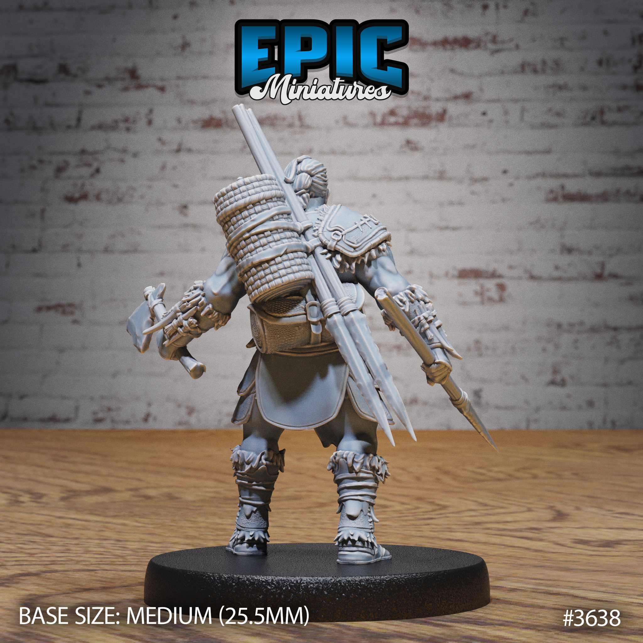 Rear view of the same unpainted grey resin tribal barbarian miniature showing the detailed wicker backpack stuffed with provisions, multiple javelins bundled alongside it, layered leather armour straps, braided hair, and fur-trimmed boots, on a medium 25.5mm black round base