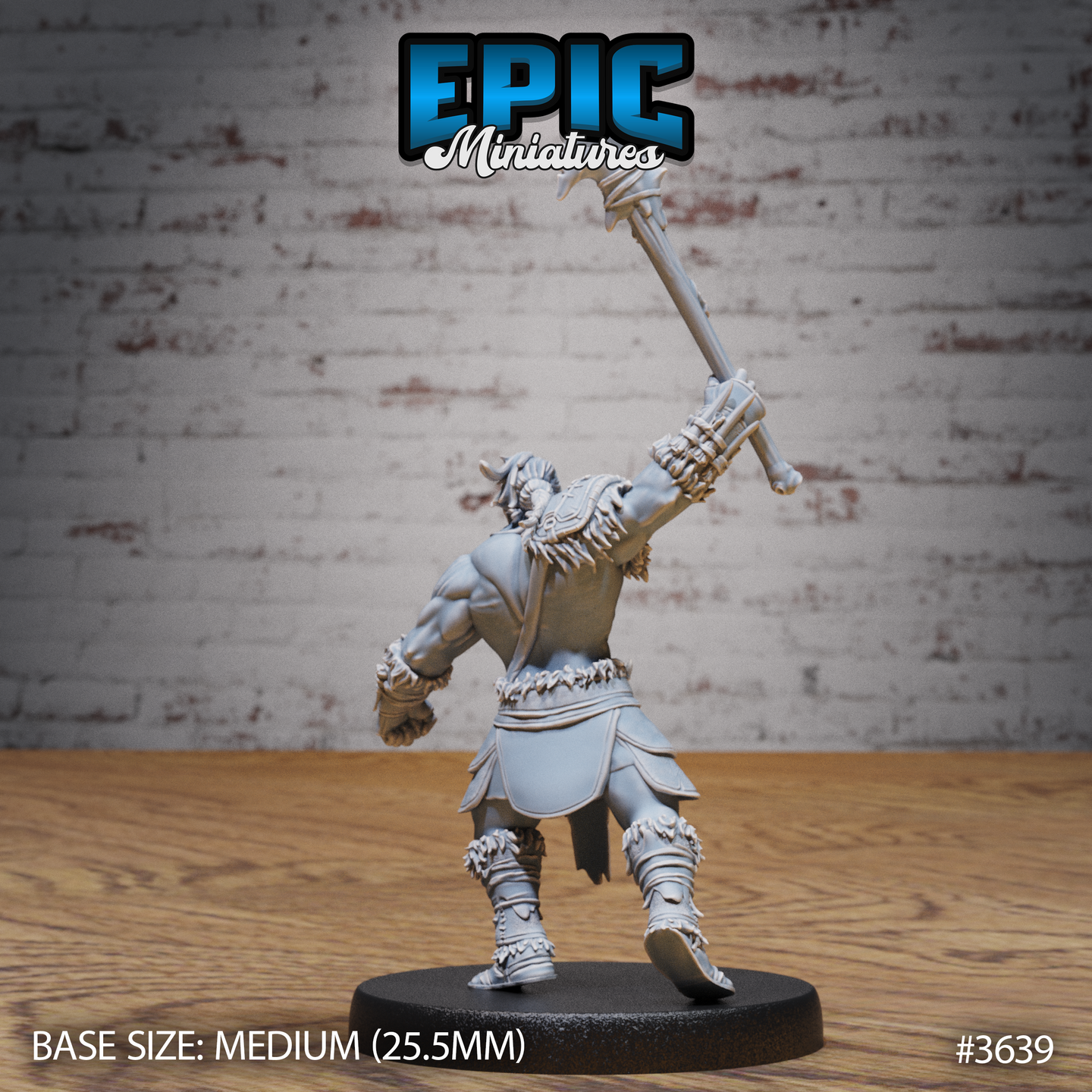 Unpainted grey resin miniature of a male tribal barbarian photographed from the rear, showing the engraved knotwork on his shoulder guard, axe held aloft, fur and hide trim on his lower garments and boots, on a 25.5mm round black base