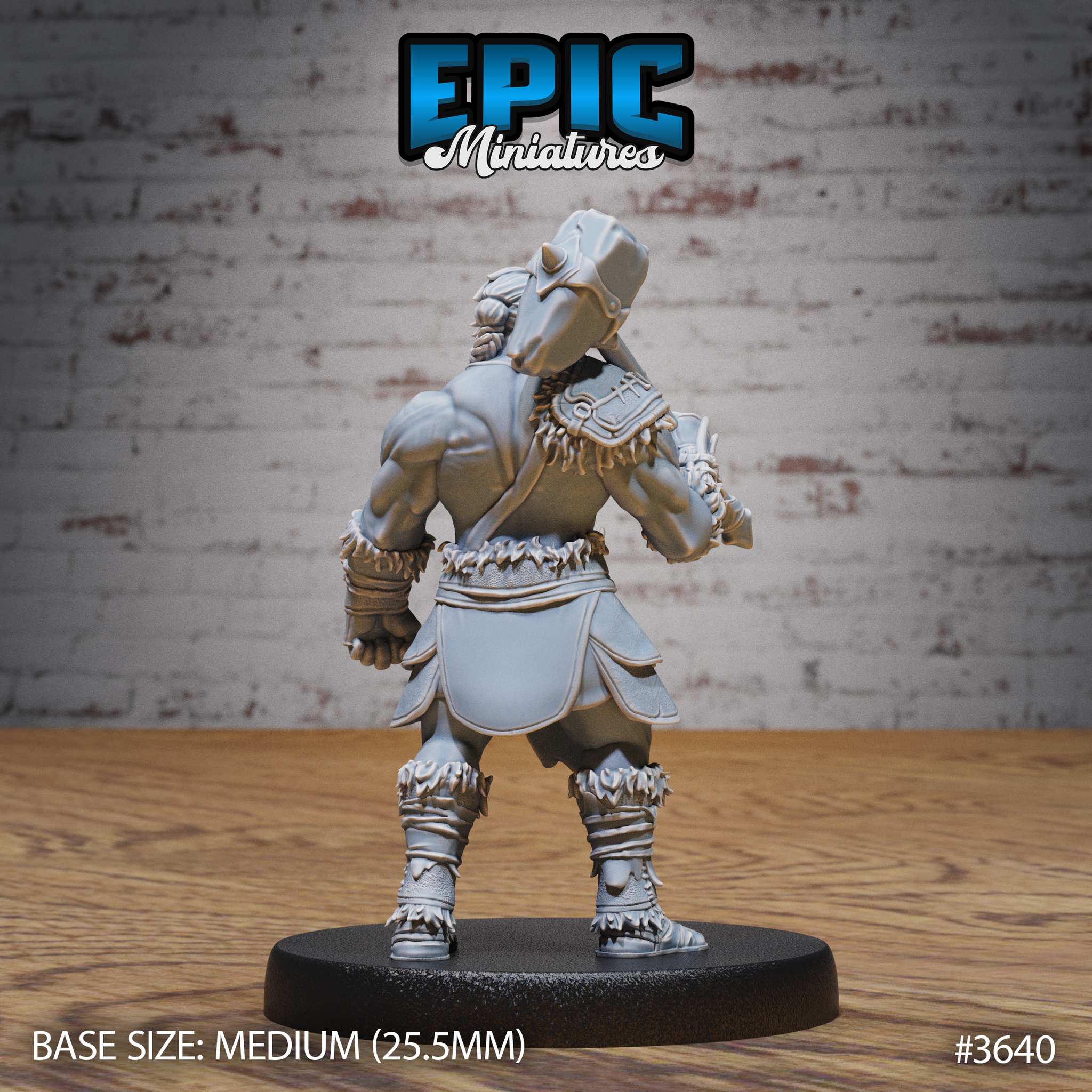 Rear view of the same unpainted grey resin tribal barbarian miniature by Epic Miniatures — showing a horned skull trophy mounted on the back, braided hair, hide and bone armour detail, layered leather belt, and fur-trimmed boots on a medium 25.5mm round black base