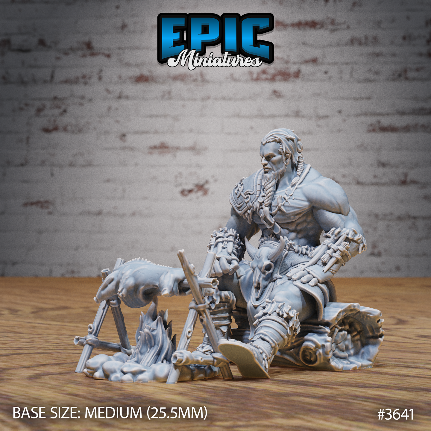 Unpainted grey resin miniature of a muscular tribal barbarian seated on a rocky outcrop, wearing layered bone and hide armour with a bull skull at his hip and a beast-jaw pauldron, accompanied by a separate campfire scatter piece showing a skinned carcass on a wooden frame over flames — front view, 32mm scale by Epic Miniatures