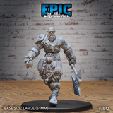 Front view of an unpainted grey resin Half-Giant Barbarian miniature on a 51mm base — bald, heavily bearded, striding forward with a broad war axe in one hand, wearing bone fetishes on a chest chain, layered fur and leather armour with carved totem belt buckle, by Epic Miniatures