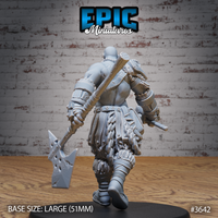 Rear view of the same unpainted grey resin Half-Giant Barbarian miniature — showing broad shoulders, a second weapon slung across the back, criss-cross weapon straps, and detailed fur and hide leg wraps, on a 51mm black oval base, by Epic Miniatures