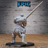 Unpainted grey resin half-giant barbarian miniature, rear view — bald-headed sculpt showing muscular back, layered hide kilt, beast skull pauldron detail, and full-length ornate greatsword raised over the shoulder, on a 51mm black base