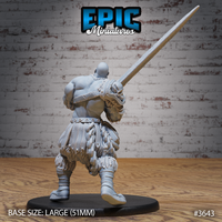 Unpainted grey resin half-giant barbarian miniature, rear view — bald-headed sculpt showing muscular back, layered hide kilt, beast skull pauldron detail, and full-length ornate greatsword raised over the shoulder, on a 51mm black base