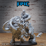 Unpainted grey resin miniature of a bald, bearded half-giant barbarian riding a tusked, maned beast with scaled hide and feathered tail — front three-quarter view on a 51mm oval base, sculpted by Epic Miniatures