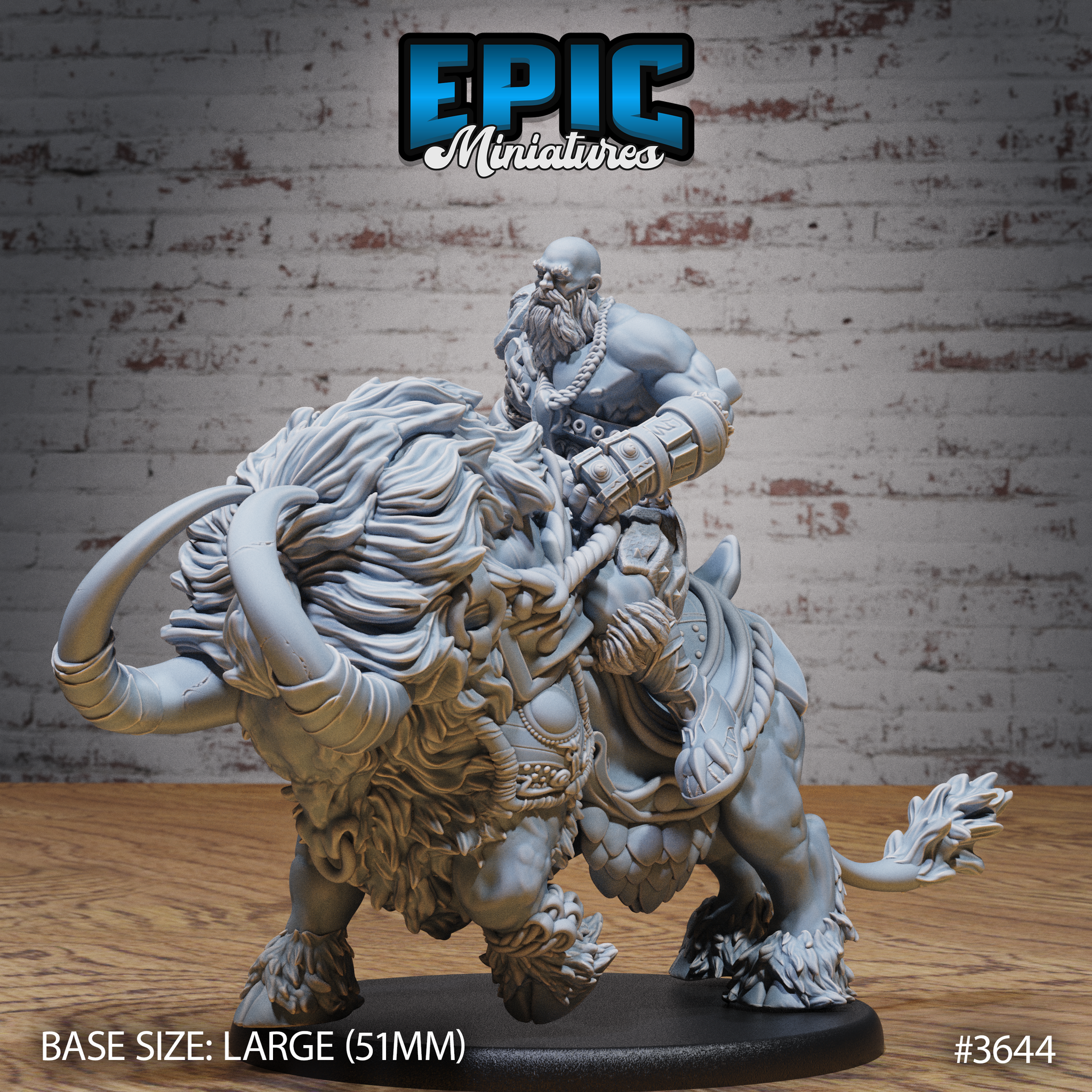 Unpainted grey resin miniature of a bald, bearded half-giant barbarian riding a tusked, maned beast with scaled hide and feathered tail — front three-quarter view on a 51mm oval base, sculpted by Epic Miniatures