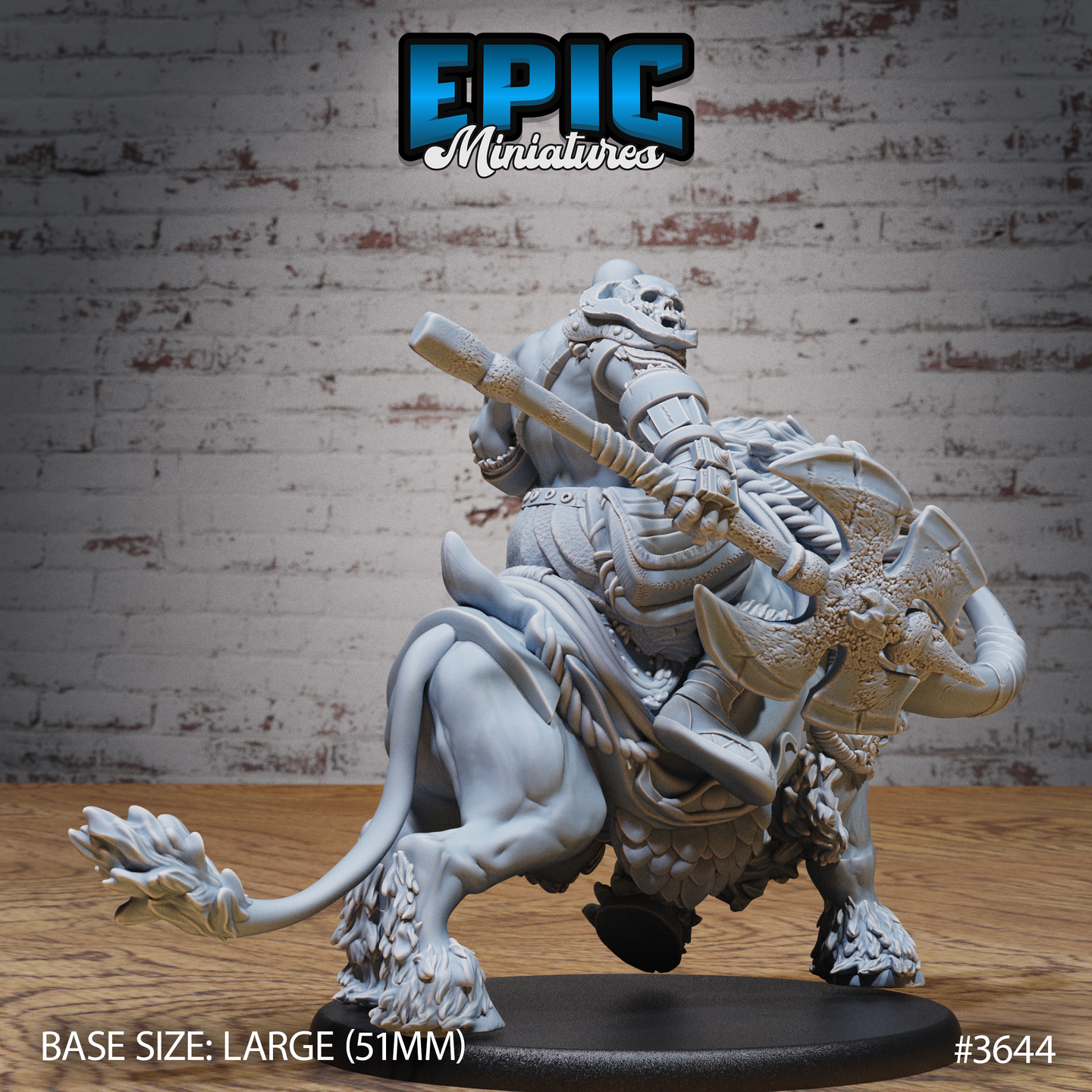 Unpainted grey resin miniature of a skull-helmed half-giant barbarian warlord riding the same tusked beast, holding a large two-handed maul across his body — rear three-quarter view on a 51mm oval base, sculpted by Epic Miniatures