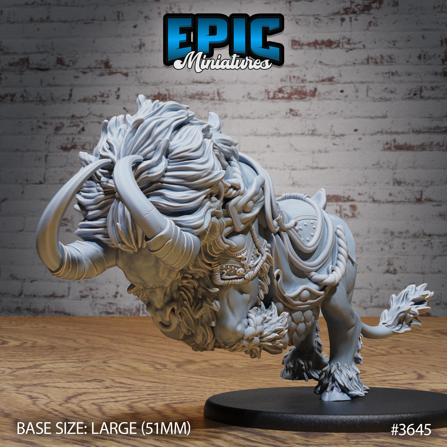 Unpainted grey resin miniature of the Devilhorn Bull Mount by Epic Miniatures — front three-quarter view showing the creature in a lowered-head charge pose, with sweeping curved horns, a heavy flowing mane, and a detailed armoured saddle harness with rope fastenings and studded panels, mounted on a large 51mm black round base