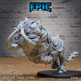 Unpainted grey resin miniature of the Devilhorn Bull Mount by Epic Miniatures — front three-quarter view showing the creature in a lowered-head charge pose, with sweeping curved horns, a heavy flowing mane, and a detailed armoured saddle harness with rope fastenings and studded panels, mounted on a large 51mm black round base