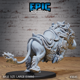 Unpainted grey resin miniature of the Devilhorn Bull Mount by Epic Miniatures — rear three-quarter view showing the broad muscular haunches, tufted hooves, feathered tail, and full detail of the armoured saddle and rope harness across the creature's back, on a large 51mm black round base