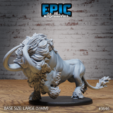 Unpainted grey resin Devilhorn Bull miniature by Epic Miniatures, shown from the front-left angle — a large lion-bull hybrid creature rearing aggressively with wide sweeping horns, flowing mane, and muscular haunches, mounted on a 51mm oval black base
