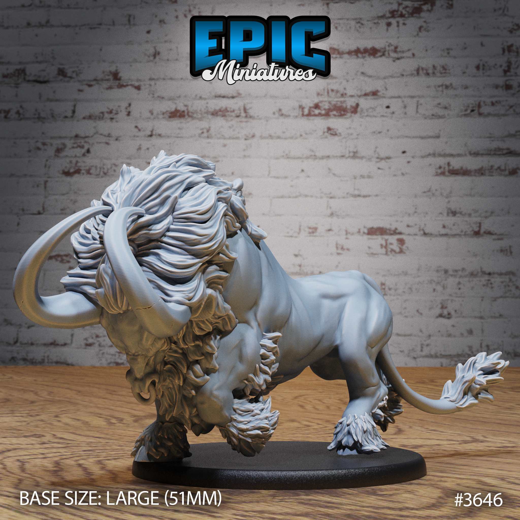 Unpainted grey resin Devilhorn Bull miniature by Epic Miniatures, shown from the front-left angle — a large lion-bull hybrid creature rearing aggressively with wide sweeping horns, flowing mane, and muscular haunches, mounted on a 51mm oval black base