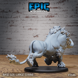 Unpainted grey resin Devilhorn Bull miniature by Epic Miniatures, shown from the rear-right angle — highlighting the powerful hindquarters, tufted fetlocks, and feathered tail, with the sweeping mane visible over the creature's back, mounted on a 51mm oval black base
