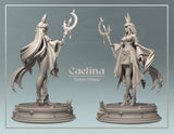 Side and three-quarter views of Caelina rabbitfolk druid miniature showing the layered skirt variant with decorative chain belt and thigh-high boots, crescent polearm raised, long hair flowing, on ornate sculpted base