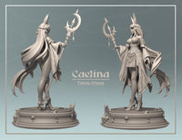 Side and three-quarter views of Caelina rabbitfolk druid miniature showing the layered skirt variant with decorative chain belt and thigh-high boots, crescent polearm raised, long hair flowing, on ornate sculpted base