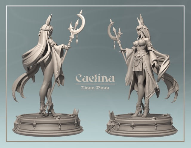 Side and three-quarter views of Caelina rabbitfolk druid miniature showing the layered skirt variant with decorative chain belt and thigh-high boots, crescent polearm raised, long hair flowing, on ornate sculpted base