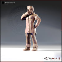 32mm scale digital render of Shop Customer 01 — an unpainted male NPC miniature in a long buttoned coat and stitched leather trousers, one hand on his hip and the other raised pensively to his chin, viewed from a front three-quarter angle