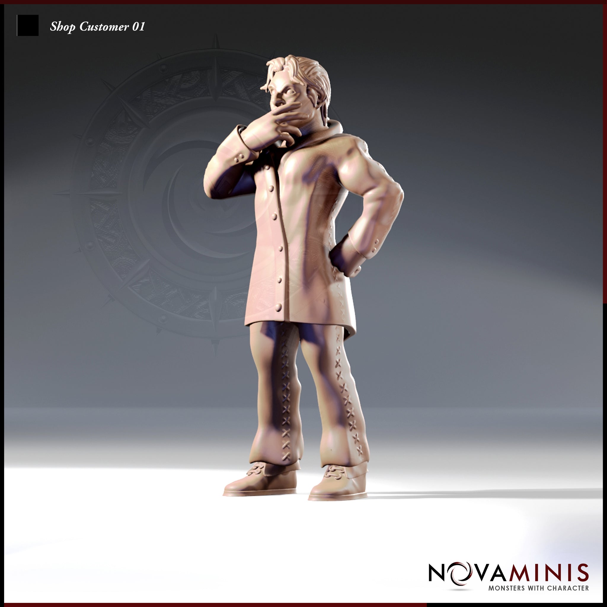 32mm scale digital render of Shop Customer 01 — an unpainted male NPC miniature in a long buttoned coat and stitched leather trousers, one hand on his hip and the other raised pensively to his chin, viewed from a front three-quarter angle