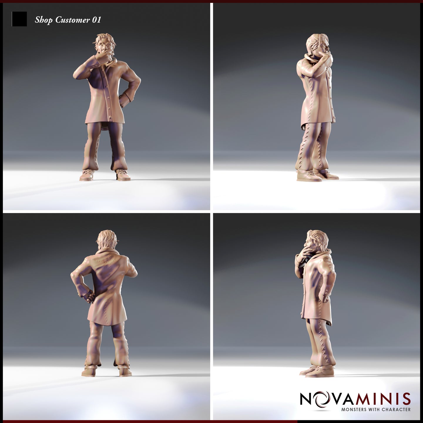 Four-angle digital render of Shop Customer 01 showing front, side, back, and three-quarter views of the unpainted male NPC miniature in a long coat and stitched leather trousers with his hand raised to his chin in a thoughtful pose