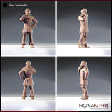 Four-angle digital render of Shop Customer 01 showing front, side, back, and three-quarter views of the unpainted male NPC miniature in a long coat and stitched leather trousers with his hand raised to his chin in a thoughtful pose