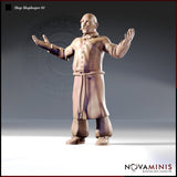 Digital render of Shopkeeper 01 miniature by Novaminis — a bald male figure in a long buttoned coat with rope belt and bow tie, arms thrown wide in an expressive merchant pose, viewed from the front