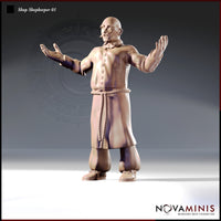 Digital render of Shopkeeper 01 miniature by Novaminis — a bald male figure in a long buttoned coat with rope belt and bow tie, arms thrown wide in an expressive merchant pose, viewed from the front