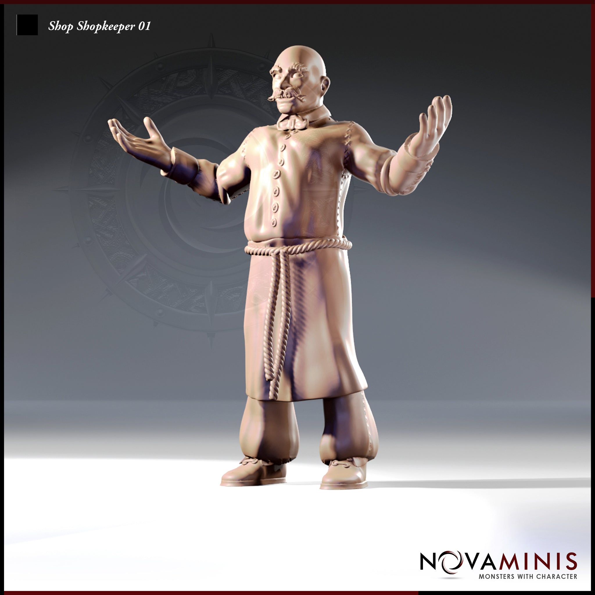 Digital render of Shopkeeper 01 miniature by Novaminis — a bald male figure in a long buttoned coat with rope belt and bow tie, arms thrown wide in an expressive merchant pose, viewed from the front