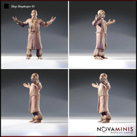 Four-angle digital render of Shopkeeper 01 by Novaminis showing front, rear, and both side profiles — bald male shopkeeper in buttoned coat and rope belt with leather bracers and curled moustache