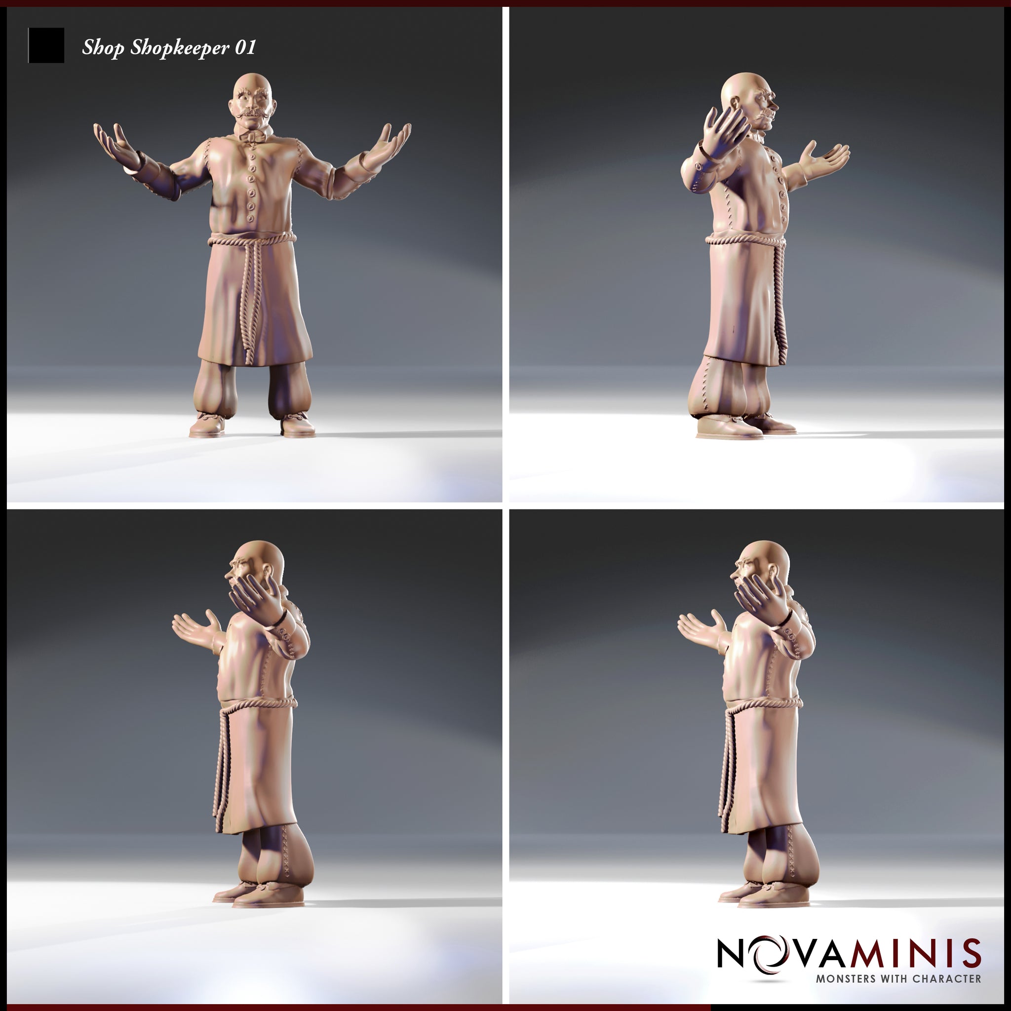 Four-angle digital render of Shopkeeper 01 by Novaminis showing front, rear, and both side profiles — bald male shopkeeper in buttoned coat and rope belt with leather bracers and curled moustache
