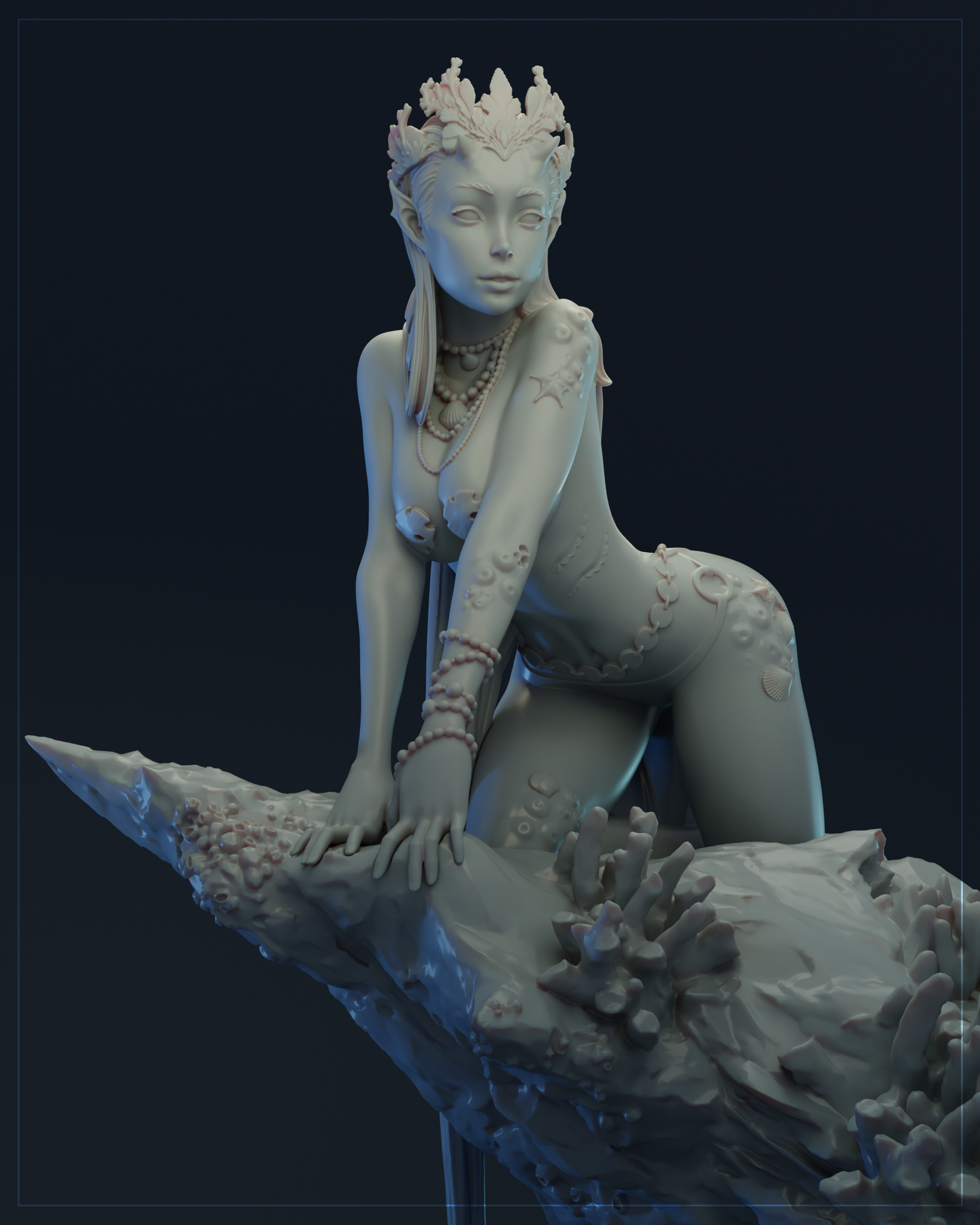 Close-up digital render of Thalassia Virelle — front-facing view showing her pointed ears, coral crown, layered pearl necklaces, pearl bracelets, and detailed barnacle and shell textures across her skin and the reef base