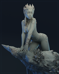 Close-up digital render of Thalassia Virelle — front-facing view showing her pointed ears, coral crown, layered pearl necklaces, pearl bracelets, and detailed barnacle and shell textures across her skin and the reef base